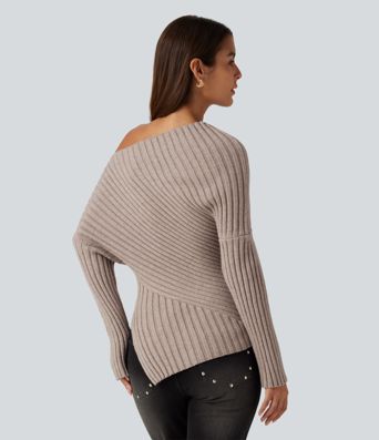 Ribbed Knit One Shoulder Long Sleeve Asymmetric Hem Casual Sweater