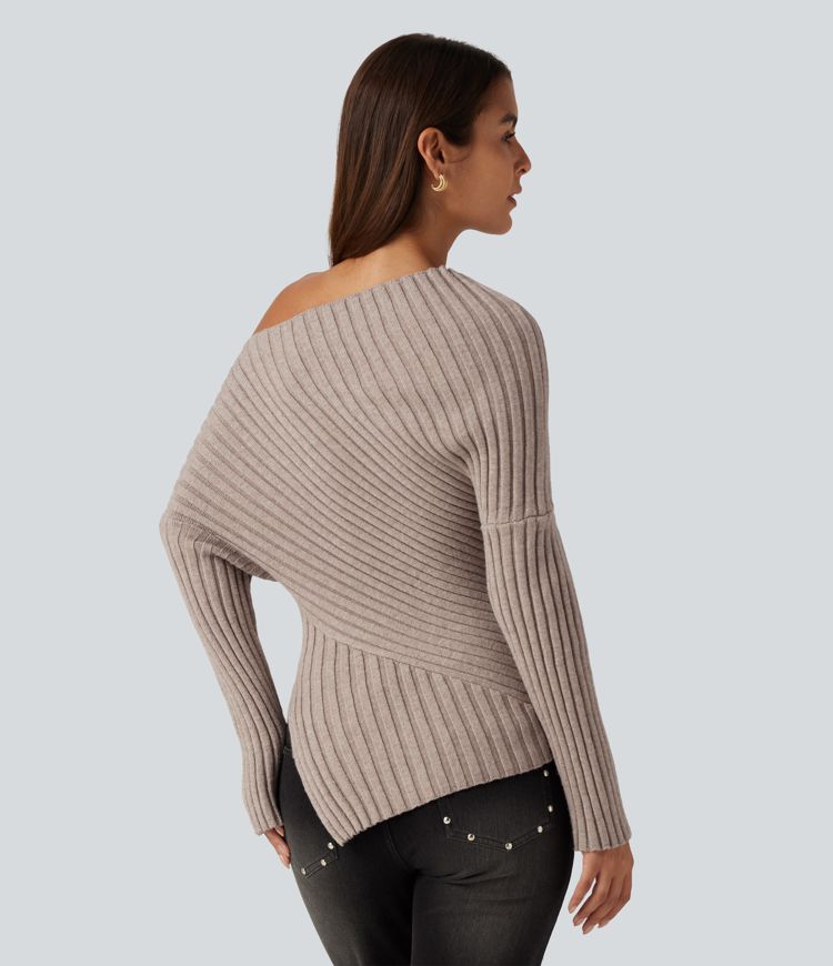 Ribbed Knit One Shoulder Long Sleeve Asymmetric Hem Casual Sweater