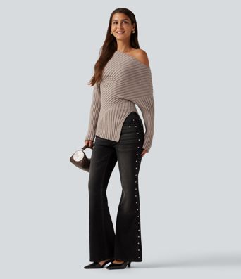Ribbed Knit One Shoulder Long Sleeve Asymmetric Hem Casual Sweater