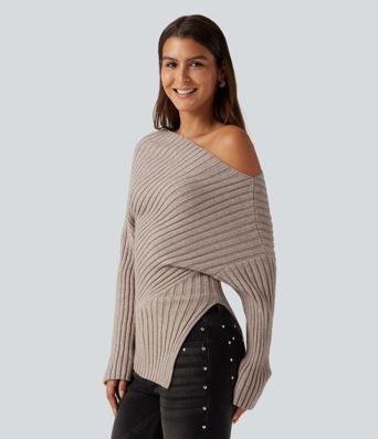 Ribbed Knit One Shoulder Long Sleeve Asymmetric Hem Casual Sweater