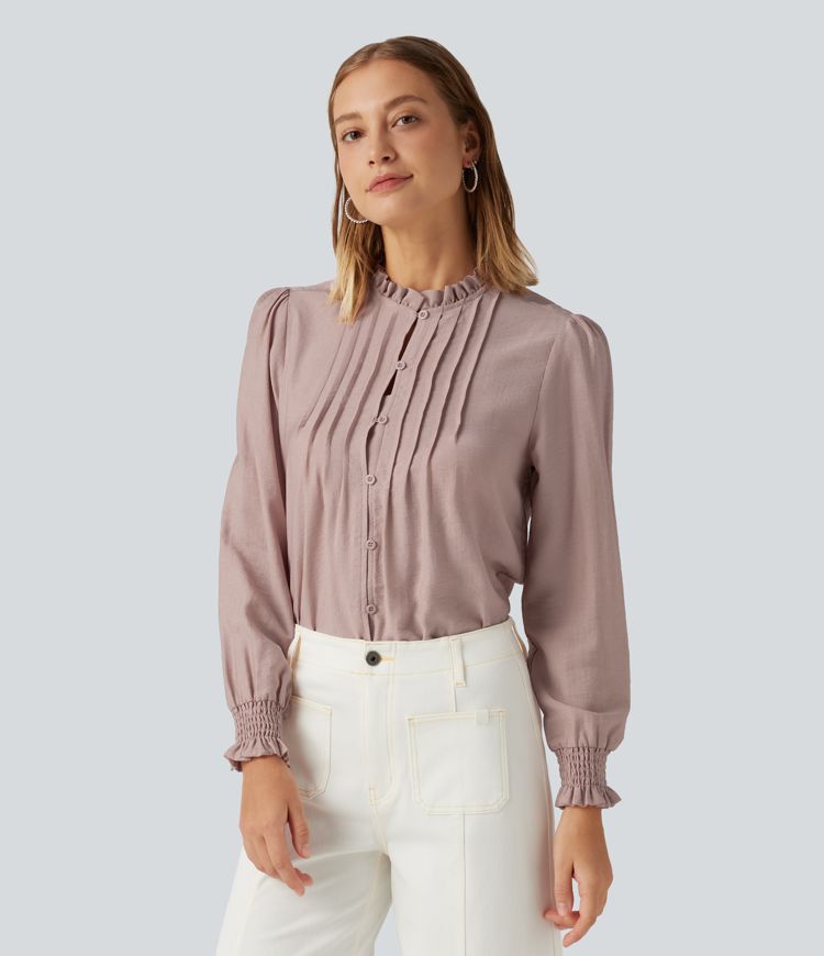 Ruffled Mock Neck Pleated Puff Long Sleeve Work Blouse