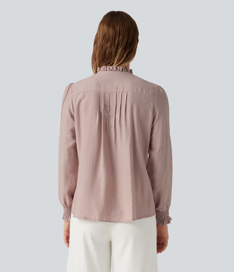 Ruffled Mock Neck Pleated Puff Long Sleeve Work Blouse