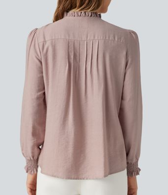 Ruffled Mock Neck Pleated Puff Long Sleeve Work Blouse