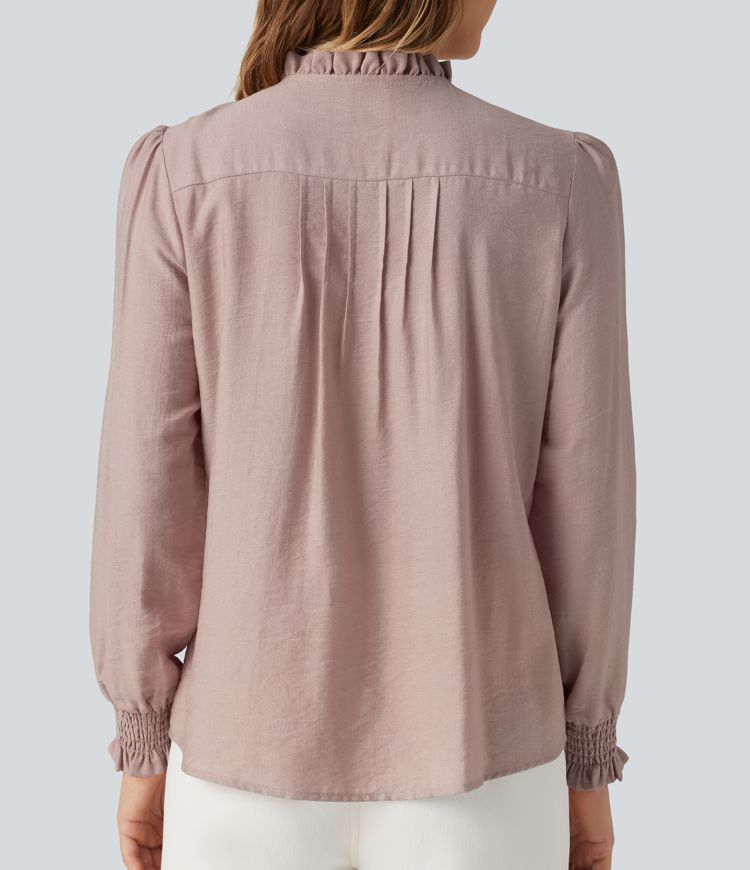 Ruffled Mock Neck Pleated Puff Long Sleeve Work Blouse