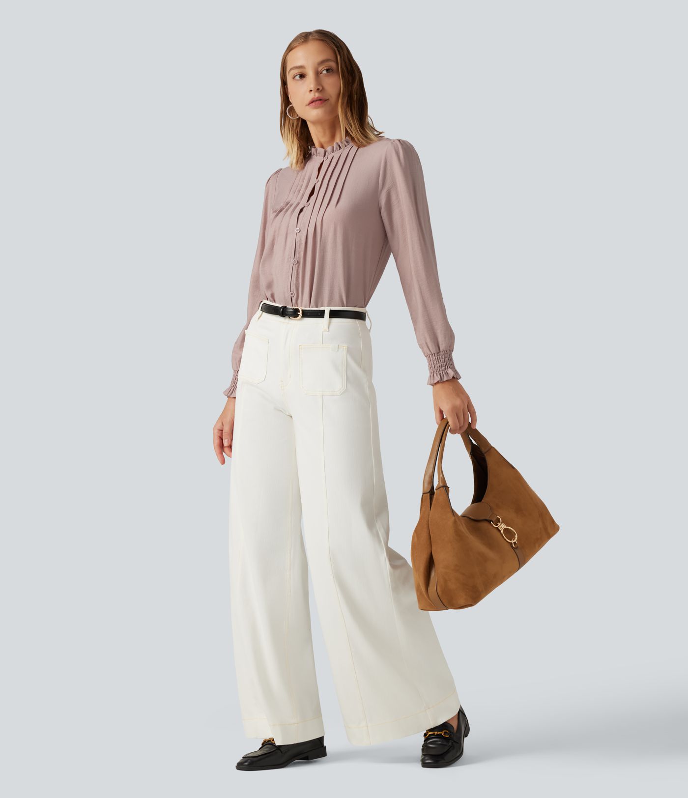 Ruffled Mock Neck Pleated Puff Long Sleeve Work Blouse