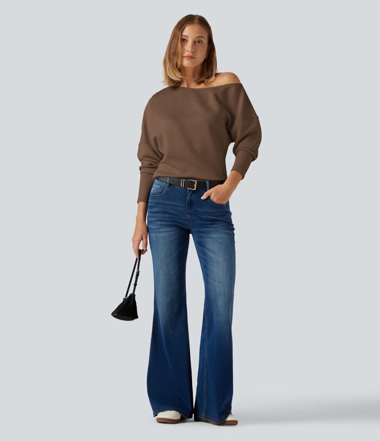 SpacerTek™ One Shoulder Batwing Long Sleeve Asymmetric Casual Sweatshirts