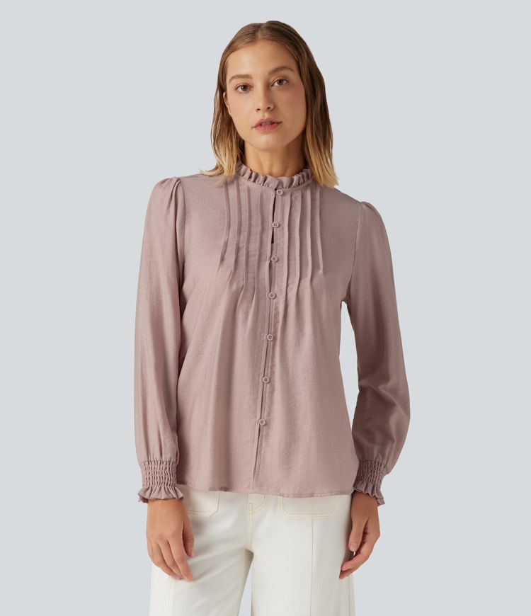 Ruffled Mock Neck Pleated Puff Long Sleeve Work Blouse