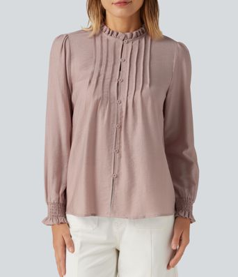 Ruffled Mock Neck Pleated Puff Long Sleeve Work Blouse