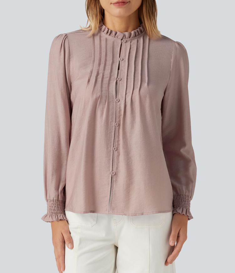 Ruffled Mock Neck Pleated Puff Long Sleeve Work Blouse
