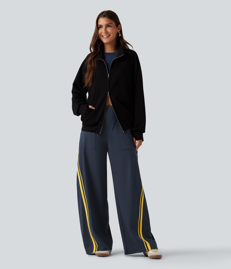 High Waisted Color Block Side Stripe Barrel Dance Pants with Pockets High Waisted Color Block Side Stripe Barrel Dance Pants with Pockets