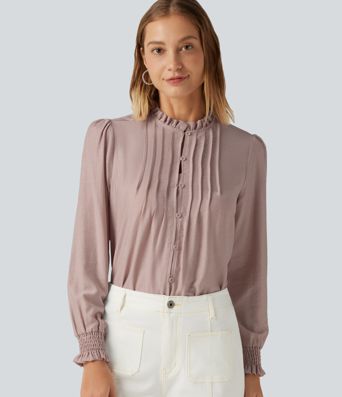 Ruffled Mock Neck Pleated Puff Long Sleeve Work Blouse