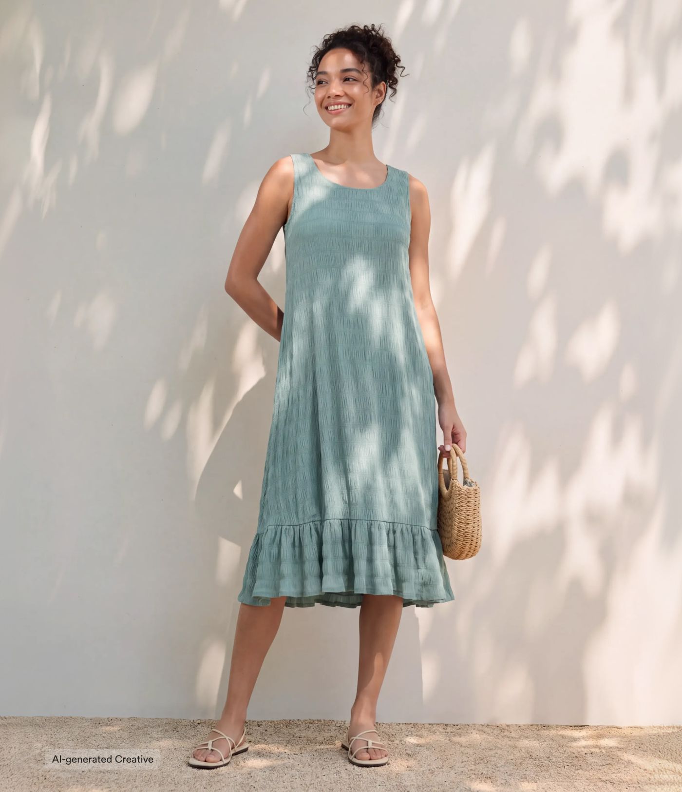 Round Neck Built-in Bra Sleeveless Ruffle Hem Midi Casual Dress Round Neck Built-in Bra Sleeveless Ruffle Hem Midi Casual Dress