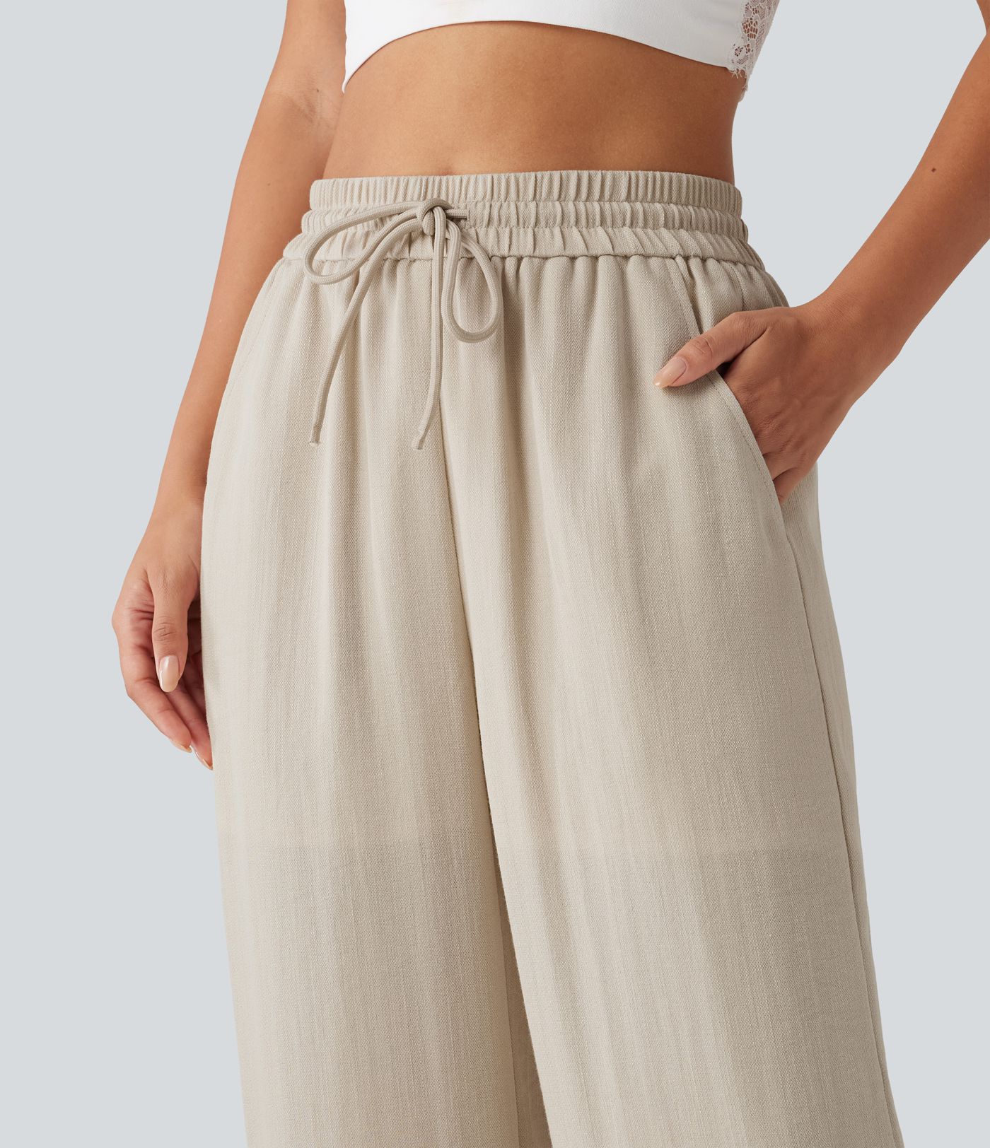 Lässige 2-in-1 Hose in Leinenoptik mit hohem Bund, Seitentaschen, Kordelzug und weitem Bein