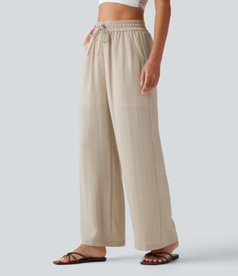 Lässige 2-in-1 Hose in Leinenoptik mit hohem Bund, Seitentaschen, Kordelzug und weitem Bein