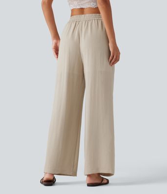 Lässige 2-in-1 Hose in Leinenoptik mit hohem Bund, Seitentaschen, Kordelzug und weitem Bein