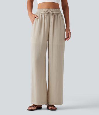Lässige 2-in-1 Hose in Leinenoptik mit hohem Bund, Seitentaschen, Kordelzug und weitem Bein