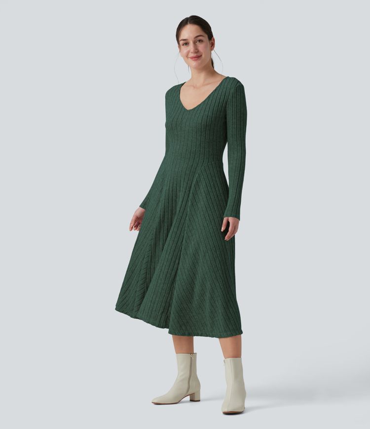 Ribbed Knit V Neck Long Sleeve Flare Midi Casual Dress with Pockets