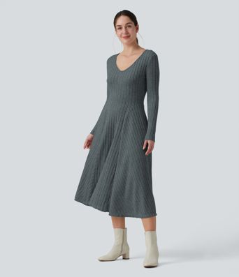 Ribbed Knit V Neck Long Sleeve Flare Midi Casual Dress with Pockets