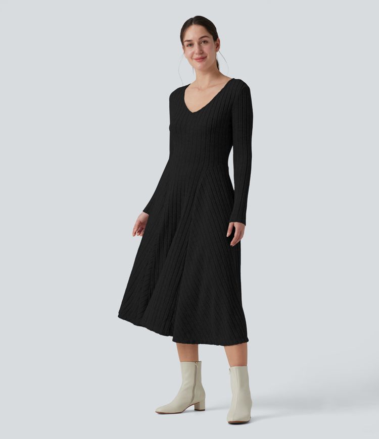 Ribbed Knit V Neck Long Sleeve Flare Midi Casual Dress with Pockets