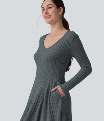 Ribbed Knit V Neck Long Sleeve Flare Midi Casual Dress with Pockets