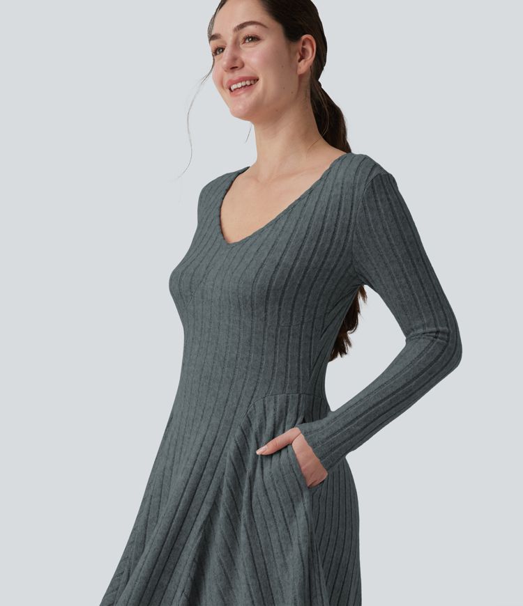 Ribbed Knit V Neck Long Sleeve Flare Midi Casual Dress with Pockets