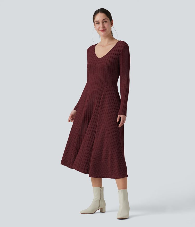 Ribbed Knit V Neck Long Sleeve Flare Midi Casual Dress with Pockets