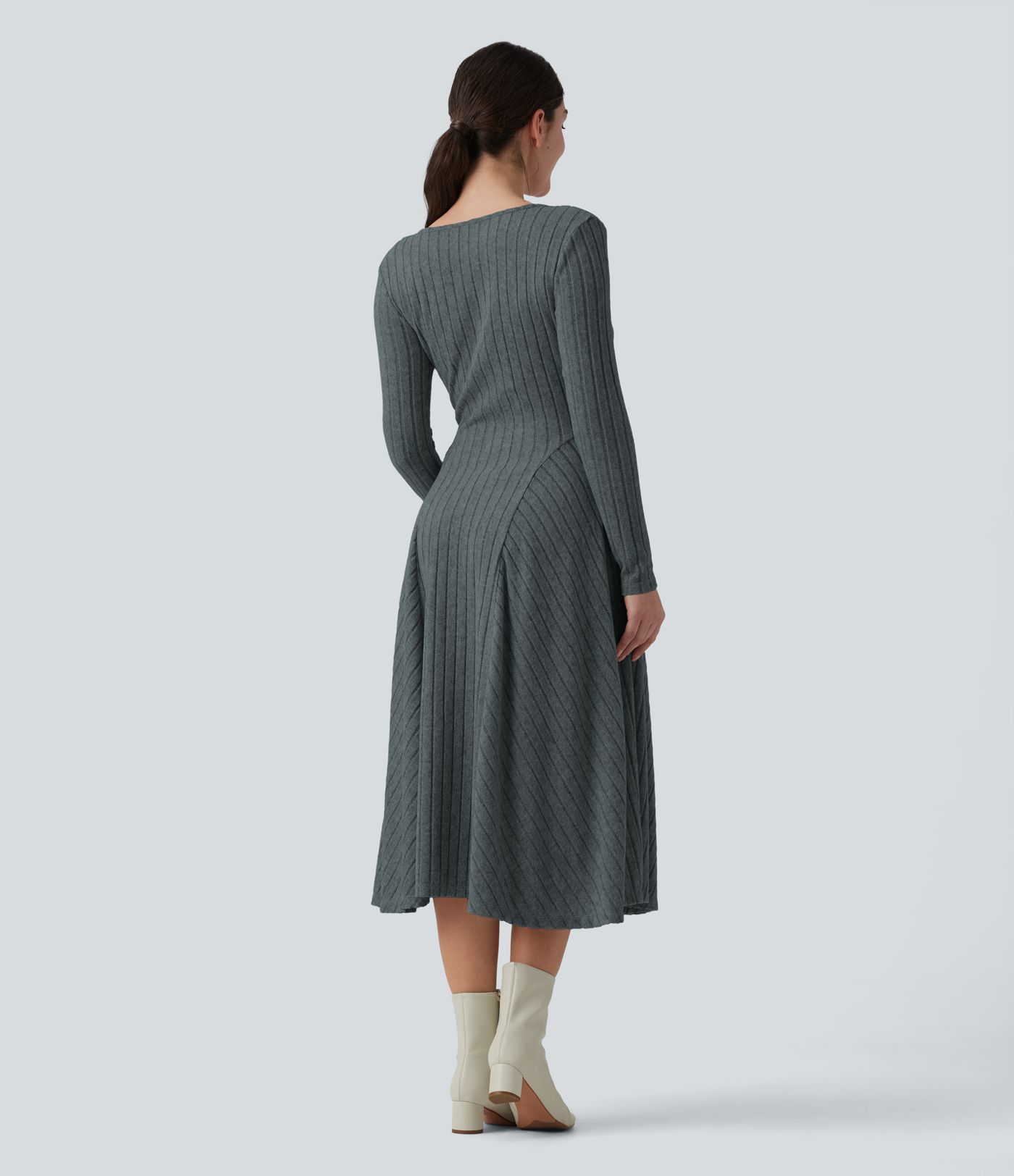 Ribbed Knit V Neck Long Sleeve Flare Midi Casual Dress with Pockets