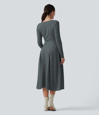 Ribbed Knit V Neck Long Sleeve Flare Midi Casual Dress with Pockets