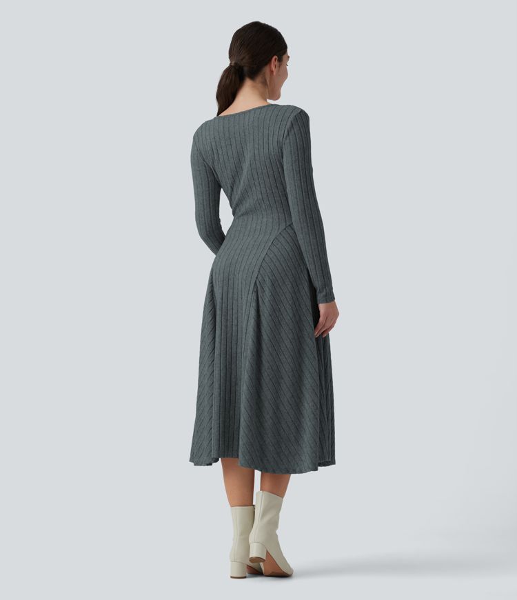 Ribbed Knit V Neck Long Sleeve Flare Midi Casual Dress with Pockets