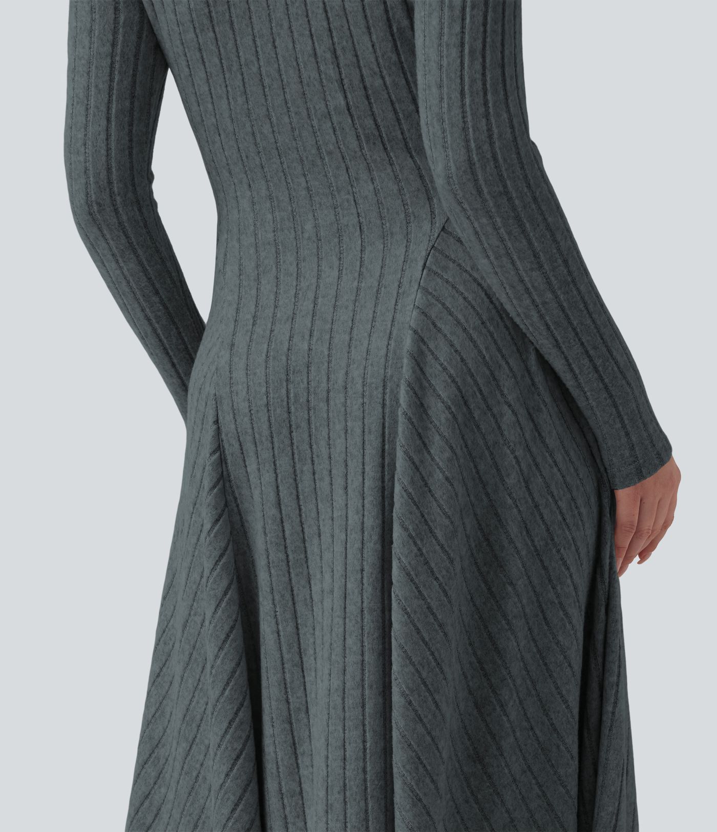 Ribbed Knit V Neck Long Sleeve Flare Midi Casual Dress with Pockets