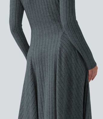 Ribbed Knit V Neck Long Sleeve Flare Midi Casual Dress with Pockets