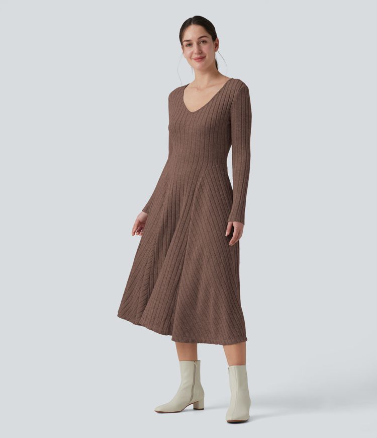 Ribbed Knit V Neck Long Sleeve Flare Midi Casual Dress with Pockets