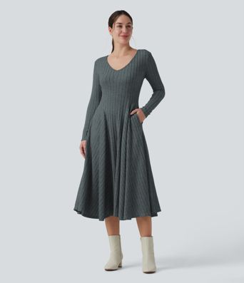 Ribbed Knit V Neck Long Sleeve Flare Midi Casual Dress with Pockets