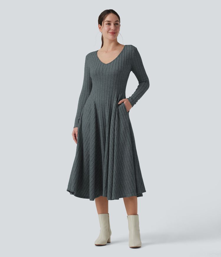 Ribbed Knit V Neck Long Sleeve Flare Midi Casual Dress with Pockets