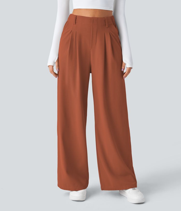 Pantalon Tailleur Large Fluide Halara Flex™ Gaufré Taille Haute Poches Latérales