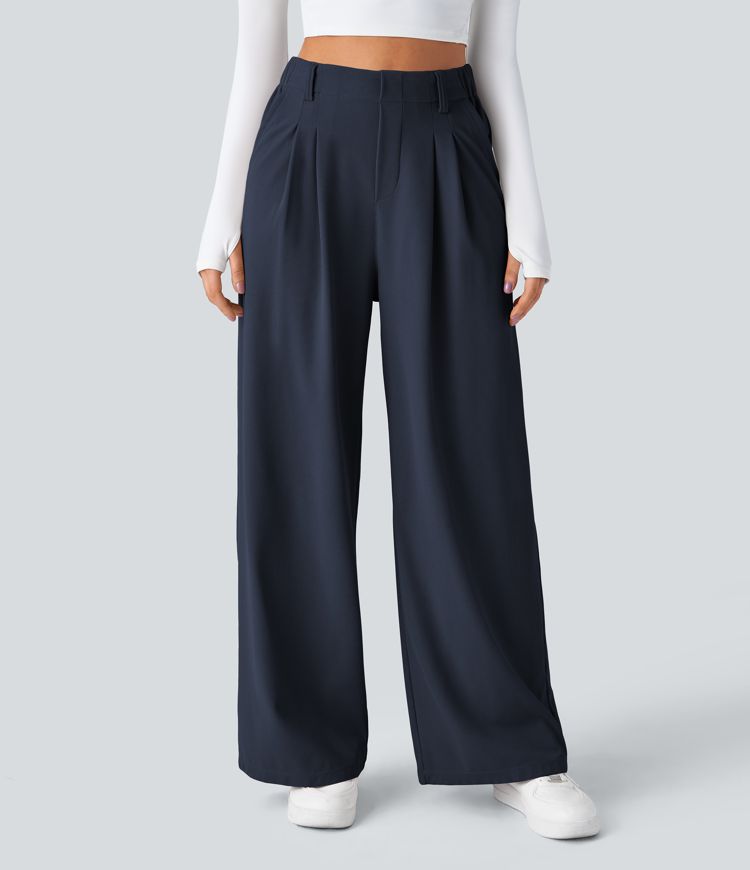 Halara Flex™ dehnbare Stoffhose mit hohem Bund, Waffelmuster, Seitentaschen und weitem Bein