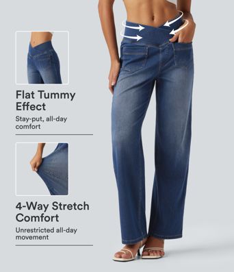Halara Flex™ High Waisted Crossover Tummy Control Straight Leg Casual Jeans with Pockets
