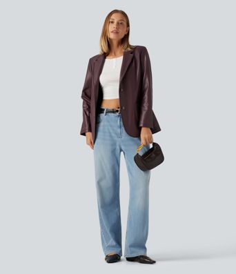 Lässiger Blazer aus Kunstleder mit Reverskragen, Seitentaschen und langen Ärmeln