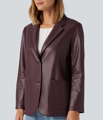 Lässiger Blazer aus Kunstleder mit Reverskragen, Seitentaschen und langen Ärmeln