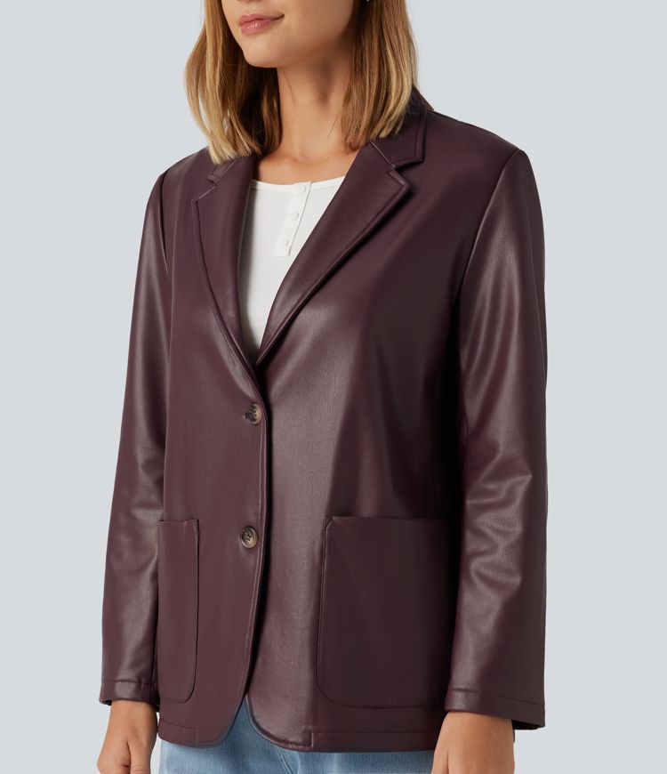Lässiger Blazer aus Kunstleder mit Reverskragen, Seitentaschen und langen Ärmeln