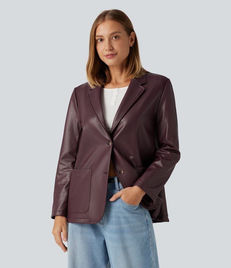 Lässiger Blazer aus Kunstleder mit Reverskragen, Seitentaschen und langen Ärmeln
