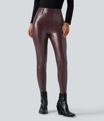 Lässige Fleece-Leggings aus elastischem Kunstleder mit hohem Bund, Gesäßtaschen und Schlangenmuster Lässige Fleece-Leggings aus elastischem Kunstleder mit hohem Bund, Gesäßtaschen und Schlangenmuster