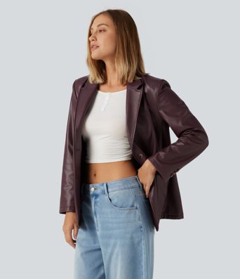 Lässiger Blazer aus Kunstleder mit Reverskragen, Seitentaschen und langen Ärmeln