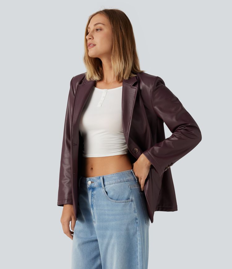 Lässiger Blazer aus Kunstleder mit Reverskragen, Seitentaschen und langen Ärmeln
