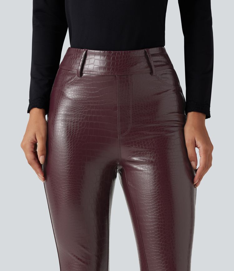 Lässige Fleece-Leggings aus elastischem Kunstleder mit hohem Bund, Gesäßtaschen und Schlangenmuster Lässige Fleece-Leggings aus elastischem Kunstleder mit hohem Bund, Gesäßtaschen und Schlangenmuster