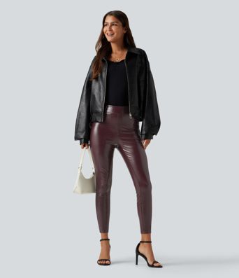 Lässige Fleece-Leggings aus elastischem Kunstleder mit hohem Bund, Gesäßtaschen und Schlangenmuster Lässige Fleece-Leggings aus elastischem Kunstleder mit hohem Bund, Gesäßtaschen und Schlangenmuster