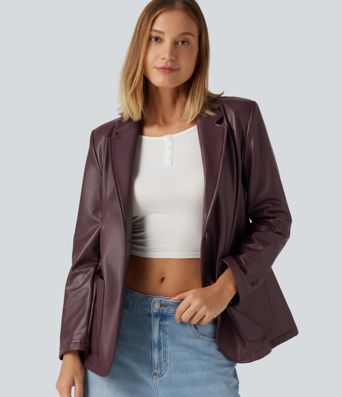 Lässiger Blazer aus Kunstleder mit Reverskragen, Seitentaschen und langen Ärmeln