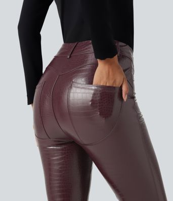 Lässige Fleece-Leggings aus elastischem Kunstleder mit hohem Bund, Gesäßtaschen und Schlangenmuster Lässige Fleece-Leggings aus elastischem Kunstleder mit hohem Bund, Gesäßtaschen und Schlangenmuster