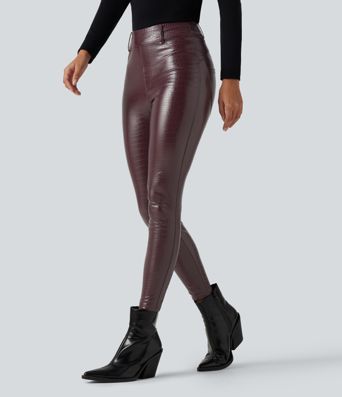 Lässige Fleece-Leggings aus elastischem Kunstleder mit hohem Bund, Gesäßtaschen und Schlangenmuster Lässige Fleece-Leggings aus elastischem Kunstleder mit hohem Bund, Gesäßtaschen und Schlangenmuster