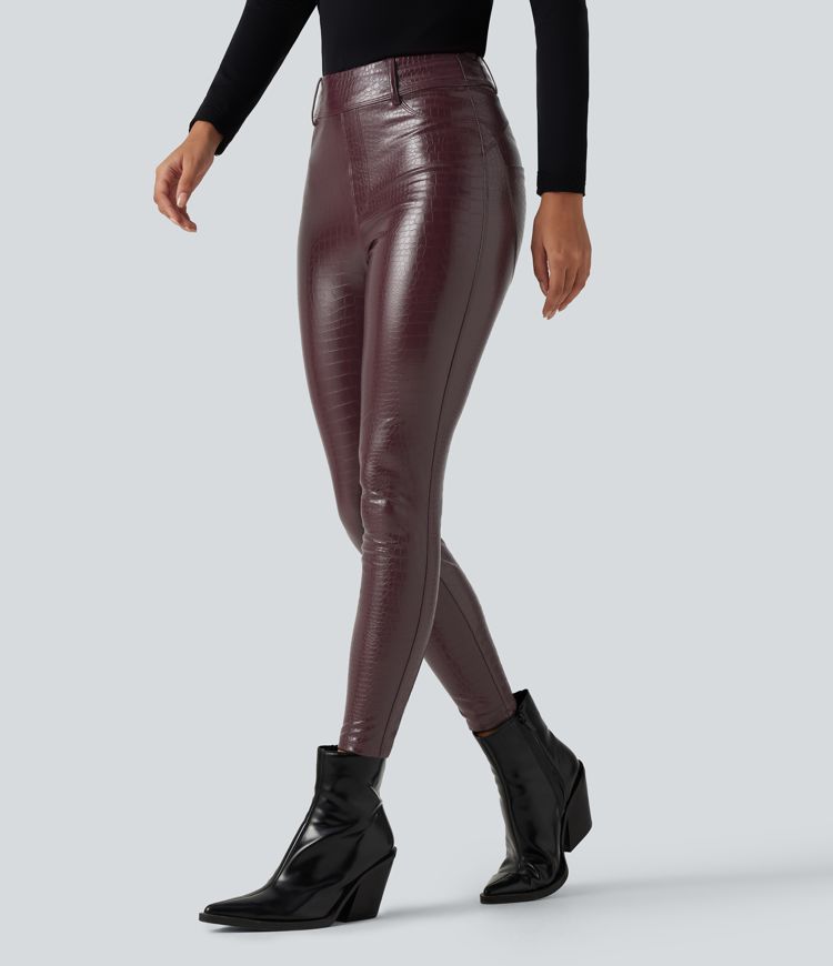 Lässige Fleece-Leggings aus elastischem Kunstleder mit hohem Bund, Gesäßtaschen und Schlangenmuster Lässige Fleece-Leggings aus elastischem Kunstleder mit hohem Bund, Gesäßtaschen und Schlangenmuster